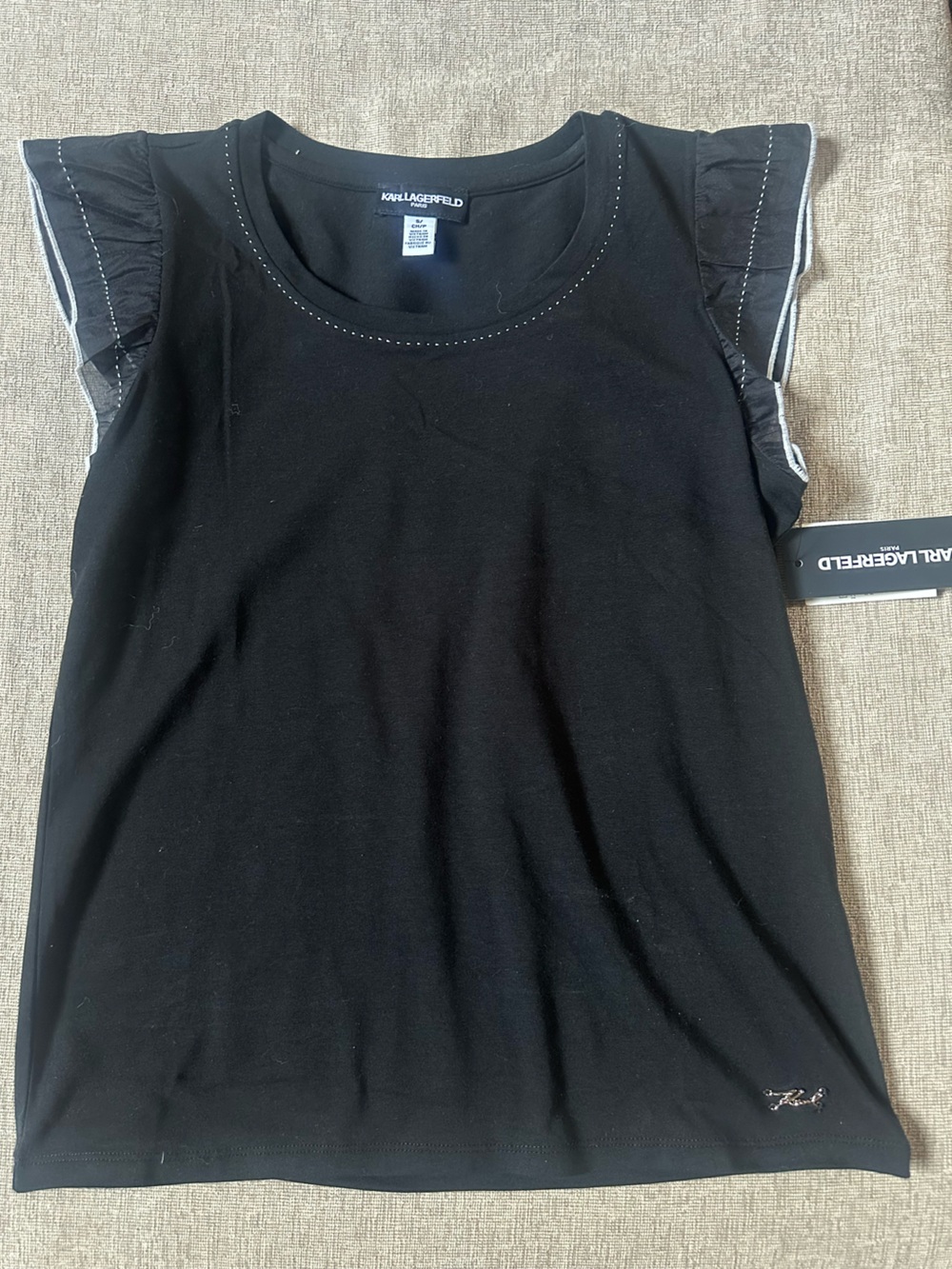 Karl Lagerfeld Black Ruffle Sleeve Women’s Top with white stitch, size small nwt